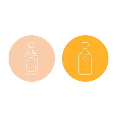 İnce çizgiler halinde bir şişe tekila ve rom. Arka plan daire şeklinde. İzole nesne tasarımı içeceği. Düz bir şekilde grafiksel illüstrasyon. Restoran, bar ve parti için basit bir simge