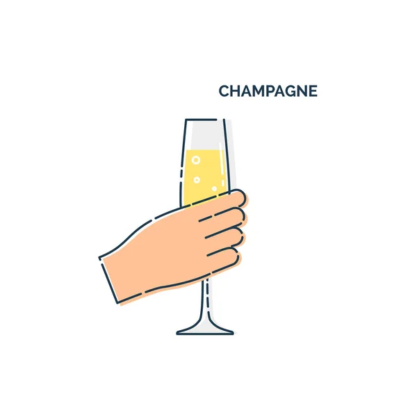 Hand Hand Ein Glas Champagner Linienkunst Gestaltungselement Auf Weißem Hintergrund — Stockvektor