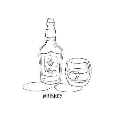 Elle çizilmiş şişe ve cam viski. Kutlama tasarımı için restoran illüstrasyonu. Retro eskiz. Çizgi çalışması. Tasarım elemanı. İçecek taslak simgesi. Beyaz arkaplanda izole
