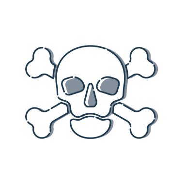 Tam suratlı bir insan kafatası ve arkasında çapraz kemikler. Beyaz arkaplanda düz bir şekilde izole edilmiş illüstrasyon. Zehir işareti ve dizayn sembolü. İnsanlar için bir tehlike görüntüsü. Hayata karşı tehlike simgesi