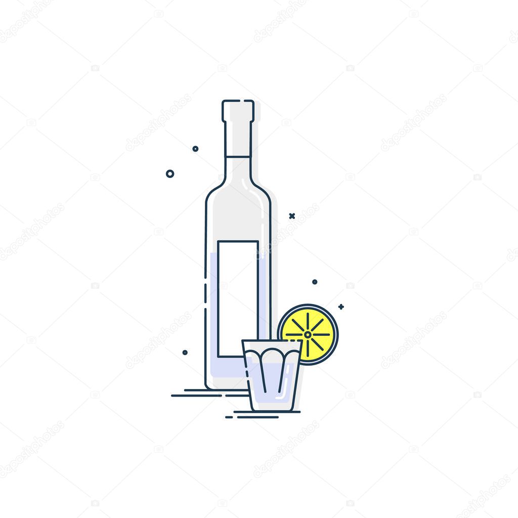 Vodka in bottle and glass with snack lemon. White background. Tasty snack. Closeup shot. Trendy fruit food design. Minimalism simplicity colored sign. Alcoholic product for restaurant illustration