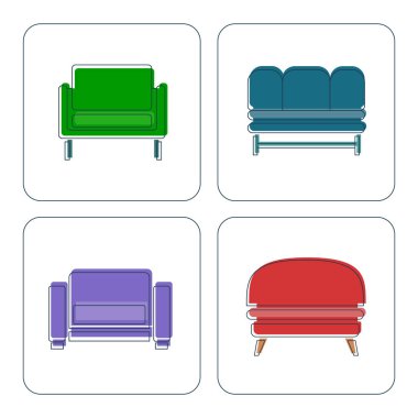 Yastıklı rahat bir kanepe. İnce çizgili bir kanepe tasviri. İç kısmın temel mobilyaları. Rahatlamak için modern bir nesne. Beyaz arkaplanda kanepe ile düz illüstrasyon ayarla.