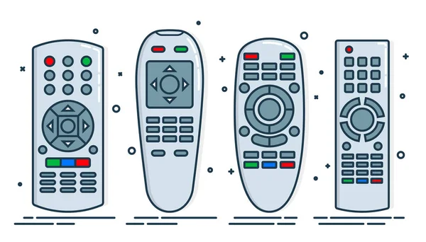 四个物体手控遥控装置 带移位按钮的多媒体面板 节目电视装置 通用电子控制器 孤立的细线图解 白色背景 设置平面符号 — 图库矢量图片