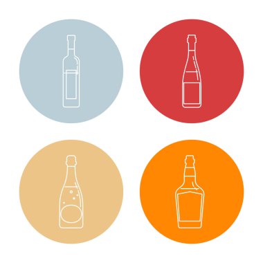Bir şişe votka, kırmızı şarap, şampanya ve ince çizgiler halinde viski. Arka plan daire şeklinde. İzole nesne tasarımı içeceği. Düz bir şekilde grafiksel illüstrasyon. Restoran ve parti için basit bir simge