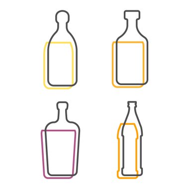 İçki, bira, tekila ve rom şişesinin basit şekli. Bir şişenin dış hatları, ikinci içki. Anahat sembolü koyu renk. Sıvı boya. Beyaz arka grupta izole edilmiş düz çizim