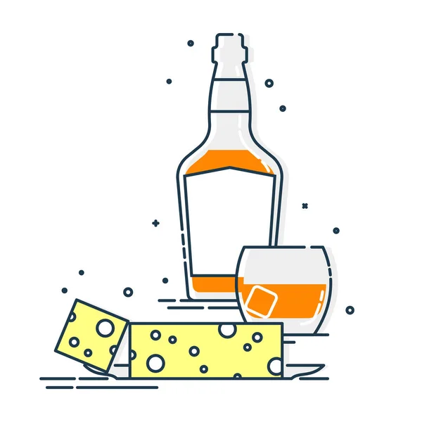 Flaska Whisky Och Glas Med Mellanmål Ost Alkoholhaltig Dryck Och — Stock vektor