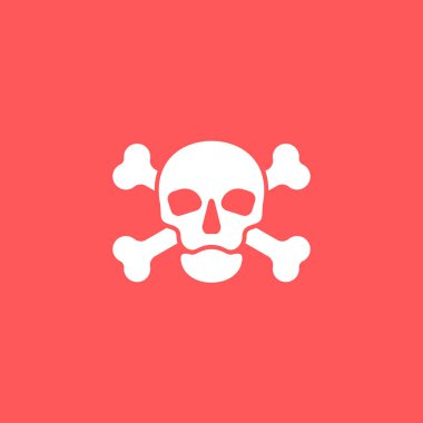 Tam suratlı bir insan kafatası ve arkasında çapraz kemikler. Düz stil ile izole edilmiş bir illüstrasyon kırmızı uyarı arkaplanı. Zehir işareti ve dizayn sembolü. İnsanlar için bir tehlike görüntüsü. Hayata karşı tehlike simgesi