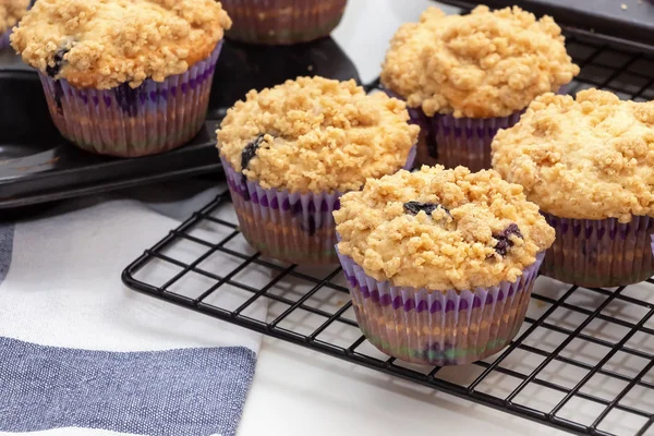 Blueberry Apple Oats streusel Muffins on cooling rack. Selective focus. Copy space for text. Healthy breakfast concept.