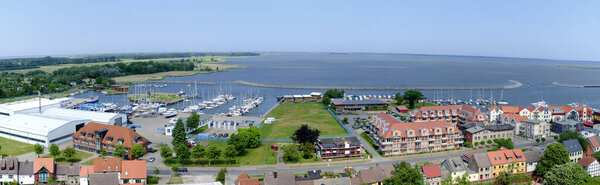 panoramic view across the harbour and lagoon (Bodden) of the city of Barth, Germany