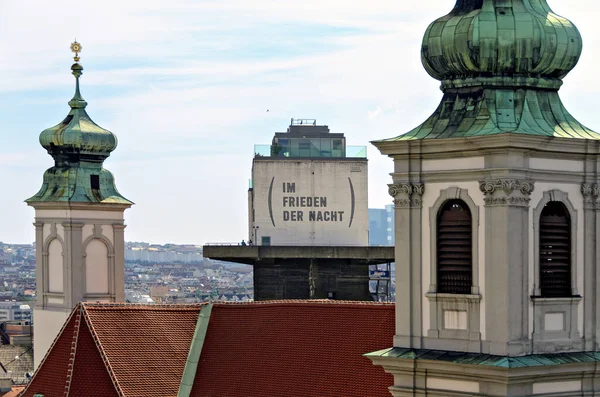 View Roofs Towers Mariahilfer Church Former Flak Tower Artistic Inscription — Stock Photo, Image