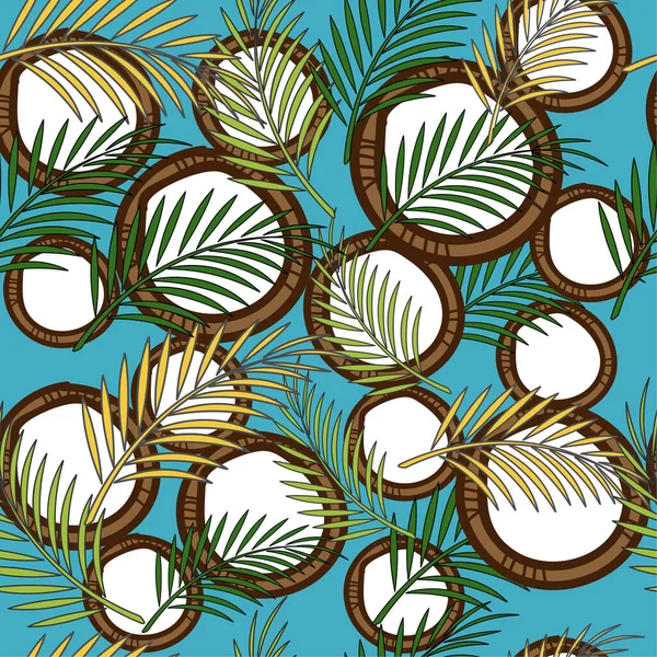 Kokosfrukt Och Lämnar Ett Sömlöst Mönster Tropisk Abstrakt Bakgrund Platt — Stock vektor