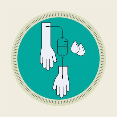 Kan bağışının minimum düz dizaynı. Kavram 'da bir parmağın olsun. Retro izci rozeti tarzı. Vektör illüstrasyonu.