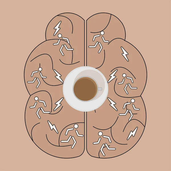 脳の背景にある稲妻とランニングマンのアイコンは神経活動を表示します カフェインの効果の描写 ベクターイラスト — ストックベクタ
