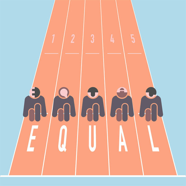 Спортсмены готовятся к старту. Равенство возможностей и конкуренции. Векторная иллюстрация.