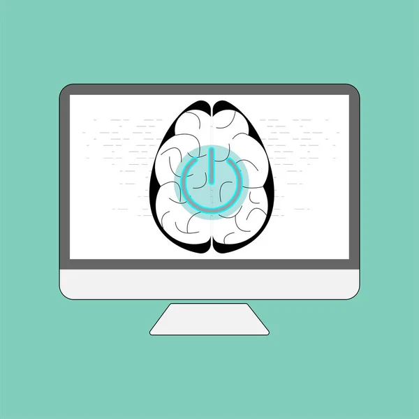 作業モードを描いた コンピュータ画面の背景のボタンと脳のシンボル層に電源を入れます ベクターイラスト — ストックベクタ