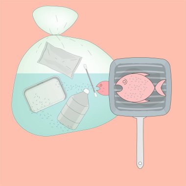 Plastik çöplerimiz okyanusa dökülüyor, hayvanlar için zehirli hale geliyor. Balıklar çok fazla plastik yiyor, biz kendi çöpümüzü mü yiyoruz? Okyanus plastik kirliliği kavramı. Vektör illüstrasyonu.