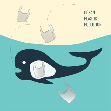 Balina plastik kirliliği temsil eden plastik poşet yutar. Okyanus plastik kirliliği kavramı. Vektör illüstrasyonu.