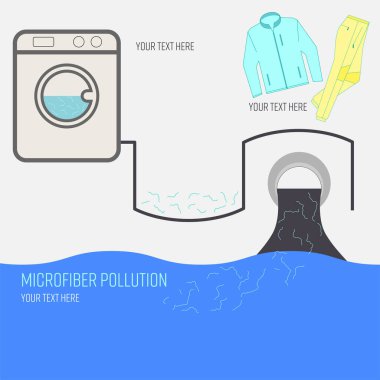 Metin alanı olan mikrofiber kirlilik bilgi arkaplanı. Mikro plastik darbenin düz sembolleri. Deniz plastik kirliliği konsepti. Vektör illüstrasyonu.