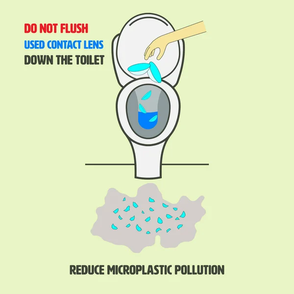 수세식 변기에 콘택트렌즈를 플라스틱 오염의 개념입니다 삽화의 디자인 스타일 — 스톡 벡터
