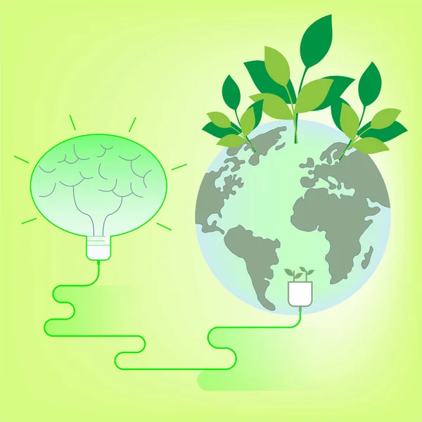 Brain Symbol Light Bulb Connect Planet Think Green Concept Vector — Stock Vector