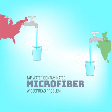 Şehir haritasında mikrofiber kirleticilerin büyütüldüğü musluk suyu. Mikrofiber yaygın sorun kavramı. Vektör rahatsızlığı.