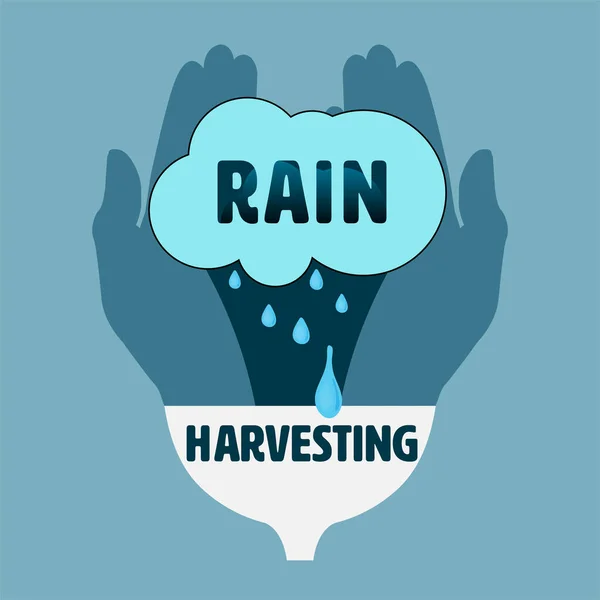 収穫のギミックとして漏斗に排水滴や雨水を収集手でタイポグラフィデザインを雨 雨の収穫の概念 ベクターイラスト — ストックベクタ