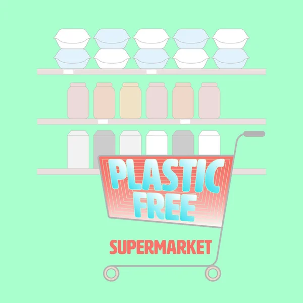 Mbolo Carrinho Supermercado Com Design Tipográfico Livre Plástico Fundo Prateleiras — Vetor de Stock