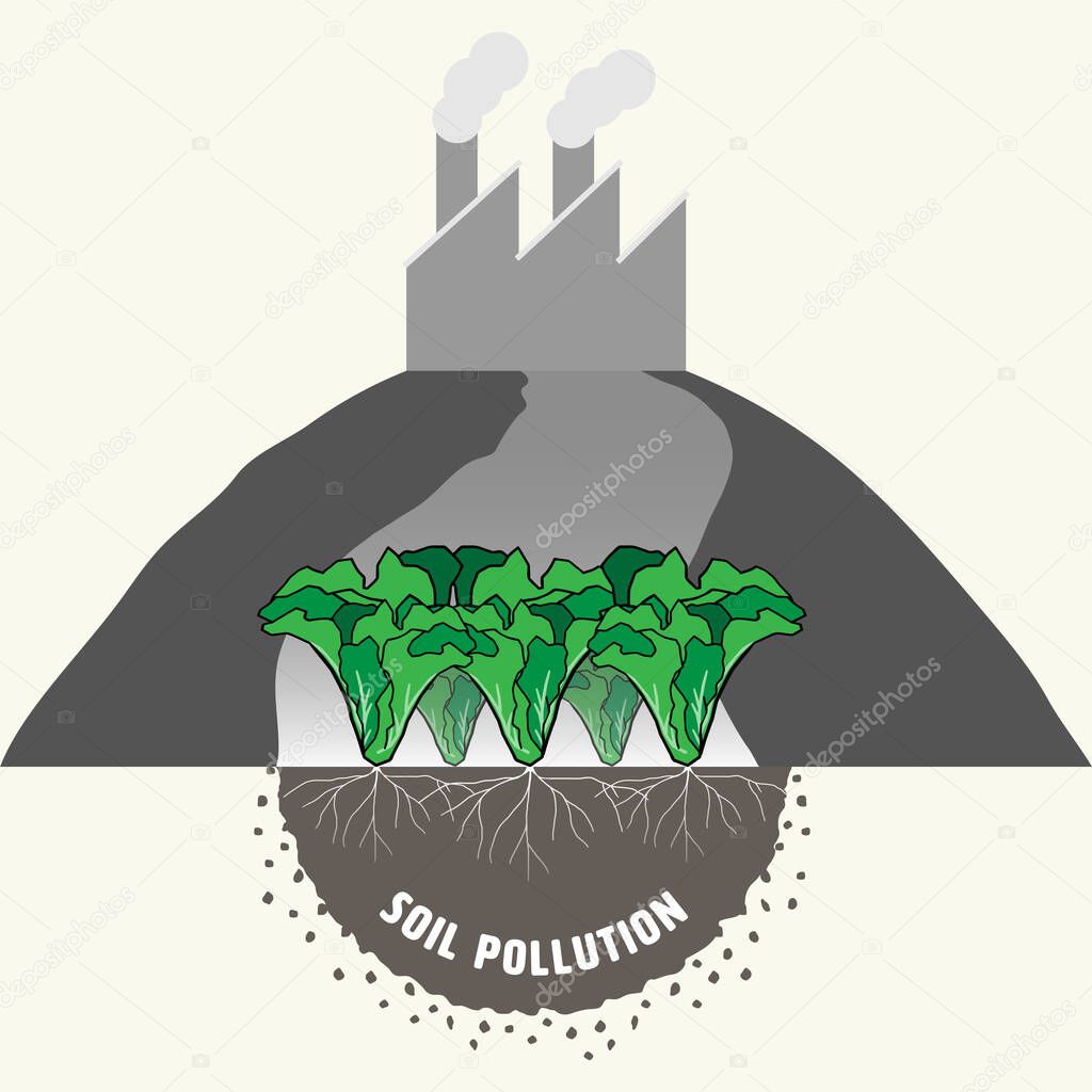 Vegetable garden showing roots in soil, representing industrial activity causing soil pollution and impact to food safety. Vector illustration.