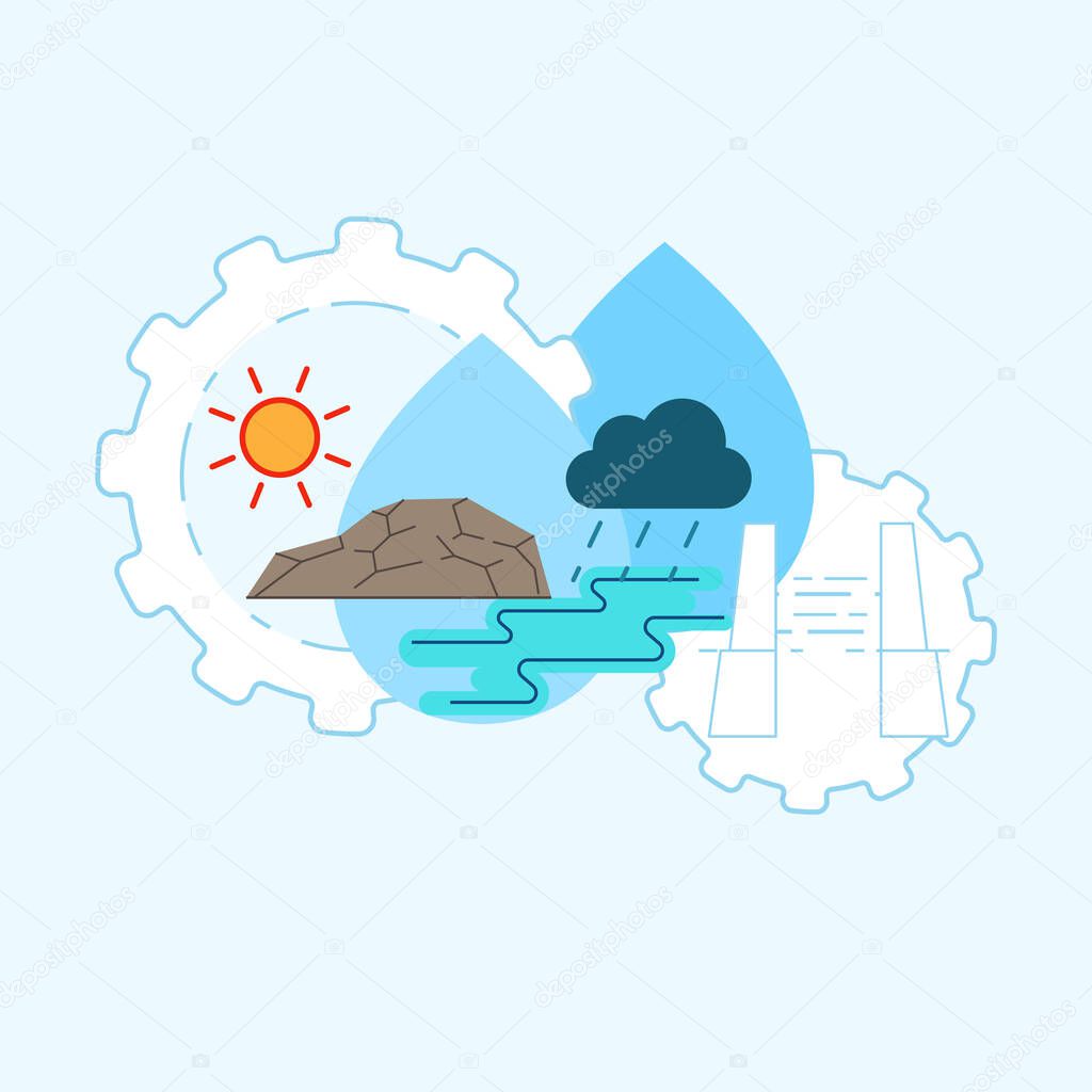 Water management concept. Water distribution system metaphor. Maximize efficient use of water resource. Symbol of water development. Vector illustration concept outline flat design style.