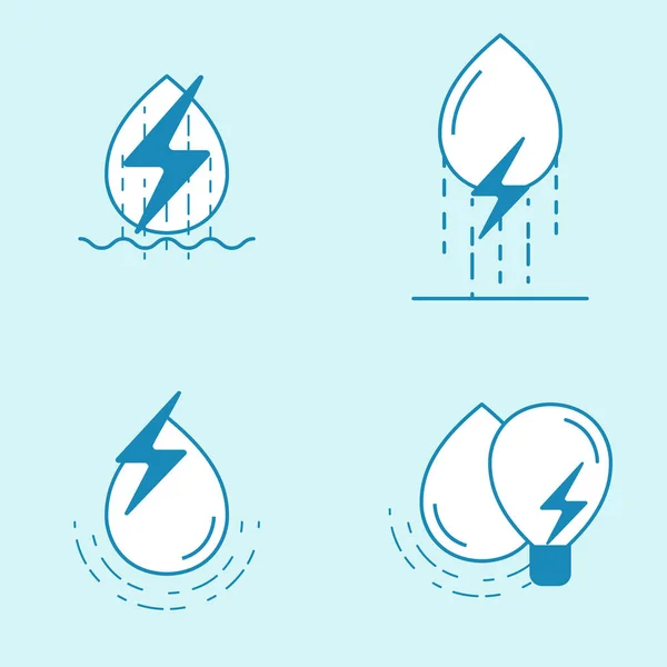 Conjunto Iconos Esquema Hidroeléctrico Gota Agua Con Símbolo Energía Elemento — Archivo Imágenes Vectoriales