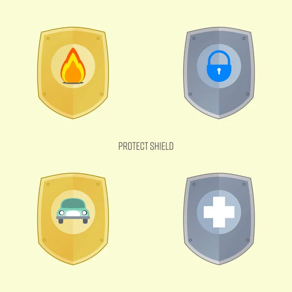 Proteger Conjunto Símbolos Escudo Propiedad Protección Salud Metáfora Seguridad Seguros — Archivo Imágenes Vectoriales