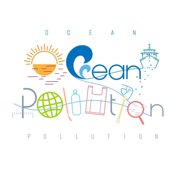 海洋污染排版设计 图片符号 一次性塑料废物 石油和化学品造成海洋污染的图片形式 矢量图解轮廓平面设计风格 — 图库矢量图片