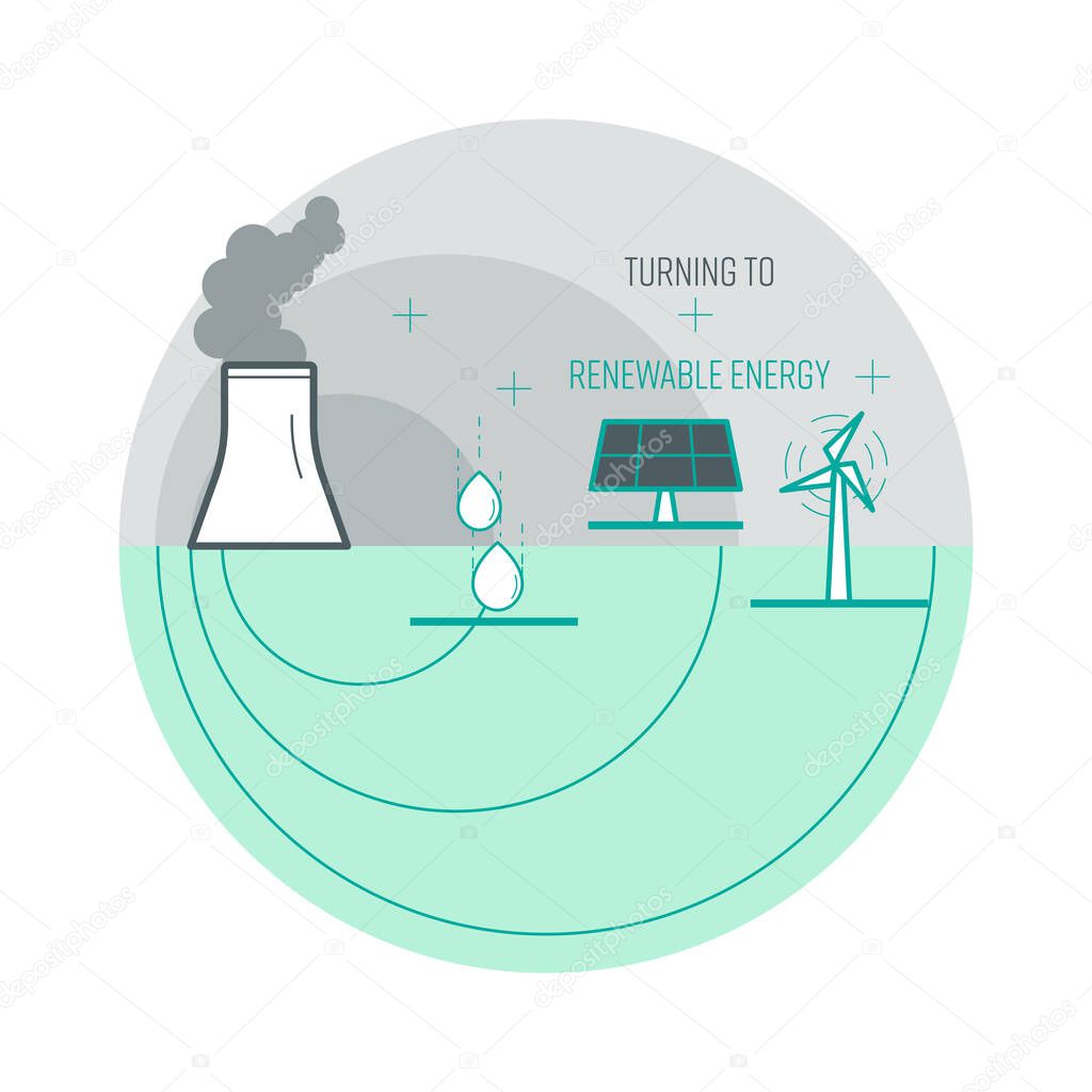More turning to renewable energy to reduce CO2 emission. Solution to climate change and global warming. Vector illustration outline flat design style.