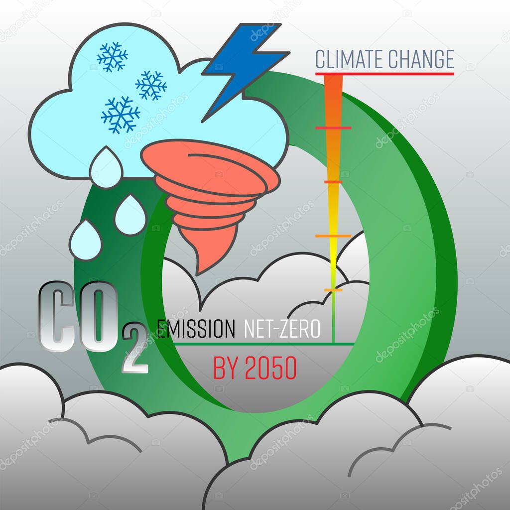 Carbon dioxide emission net-zero by 2050. Air pollution control measure to reduce climate change. Vector illustration outline flat design style.