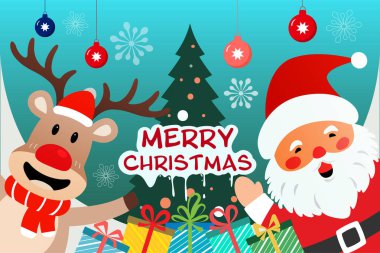 Gülümseyen bir Noel Baba ve ren geyiğinin etrafı hediyelerle, süslerle, kar taneleriyle ve cesur Mutlu Noeller metinleriyle dolu neşeli bir ağaçla çevrili neşeli bir Noel çizimi..