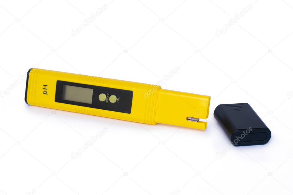 Electronic pH meter tester pen on a white background.