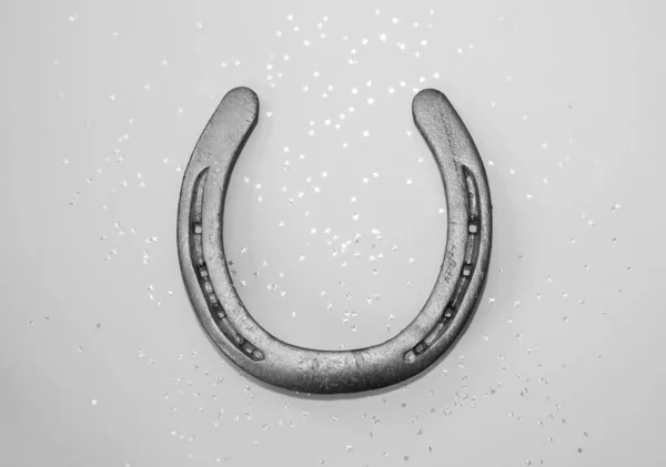 Işıl ışıl, gri arka planda gümüş at nalı.