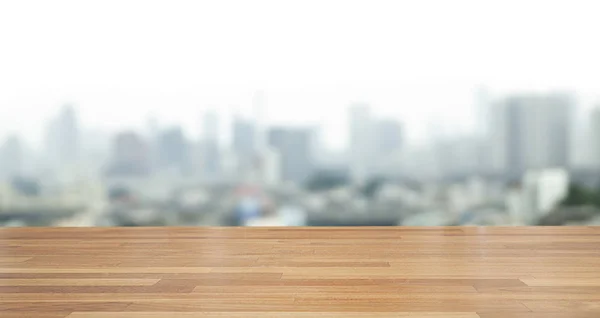 Пустой Деревянный Стол Абстрактном Размытом Воздушном Фоне Города Видом Дневной — стоковое фото