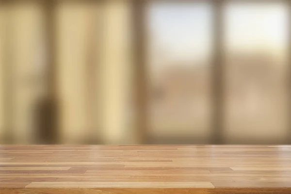 Lege Houten Tafel Wazig Moderne Keuken Koffie Café Achtergrond Met — Stockfoto