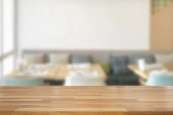 空の木製テーブルとぼやけた白いキッチン コーヒー カフェ背景 レストラン 製品モンタージュ 光の準備ができて — ストック写真