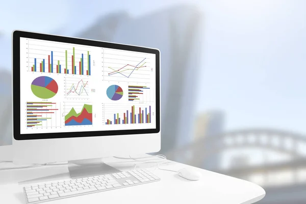 Datorn visar diagram och diagram på bordet mot vackra mod — Stockfoto