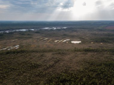 drone görüntü. Hava bulutlu bahar günü gölde bataklık görünümü. Letonya
