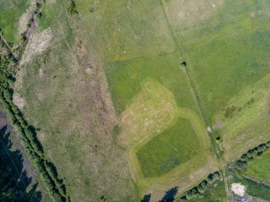 Drone görüntü. alanları ve bulutlu bahar günü ormanlarda kırsal alan hava görünümünü. Letonya