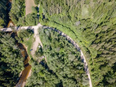 drone görüntü. güneşli günde orman yolu ile kırsal alan hava görünümünü. Letonya