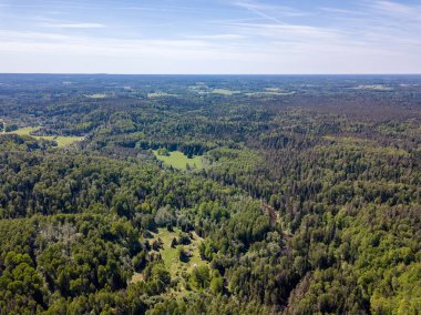 drone görüntü. bulutlu bahar günü ormandaki nehir ile kırsal alan hava görünümünü. Letonya