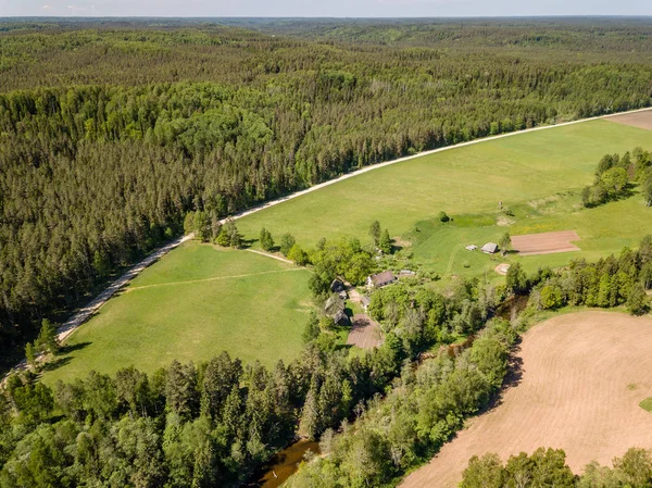 Drone Bild Flygfoto Över Landsbygden Med Fält Och Skogar Grumlig — Stockfoto