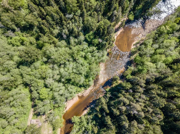 Imagem Drone Vista Aérea Área Rural Com Rio Dia Primavera — Fotografia de Stock