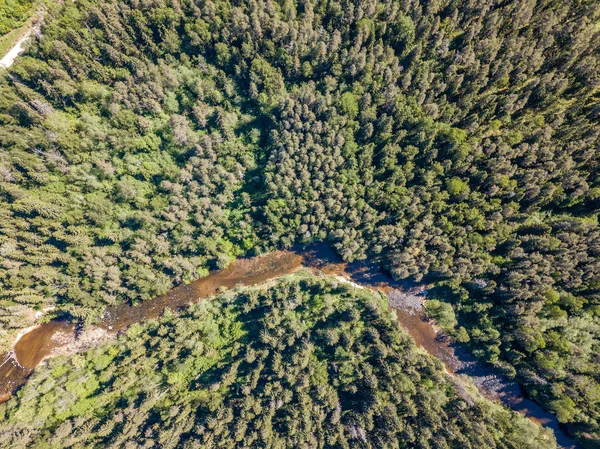 drone image. aerial view of rural area with river in forest cloudy spring day. latvia