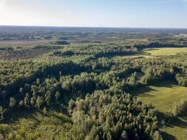 Drone görüntü. alanları ve bulutlu bahar günü ormanlarda kırsal alan hava görünümünü. Letonya