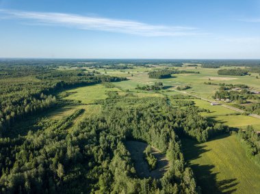 Drone görüntü. alanları ve bulutlu bahar günü ormanlarda kırsal alan hava görünümünü. Letonya
